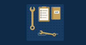 Illustration of a tool shadow board with a wrench, checklist clipboard, and SOP binder in their outlines, and one wrench jammed into a screwdriver's outline that doesn't fit.