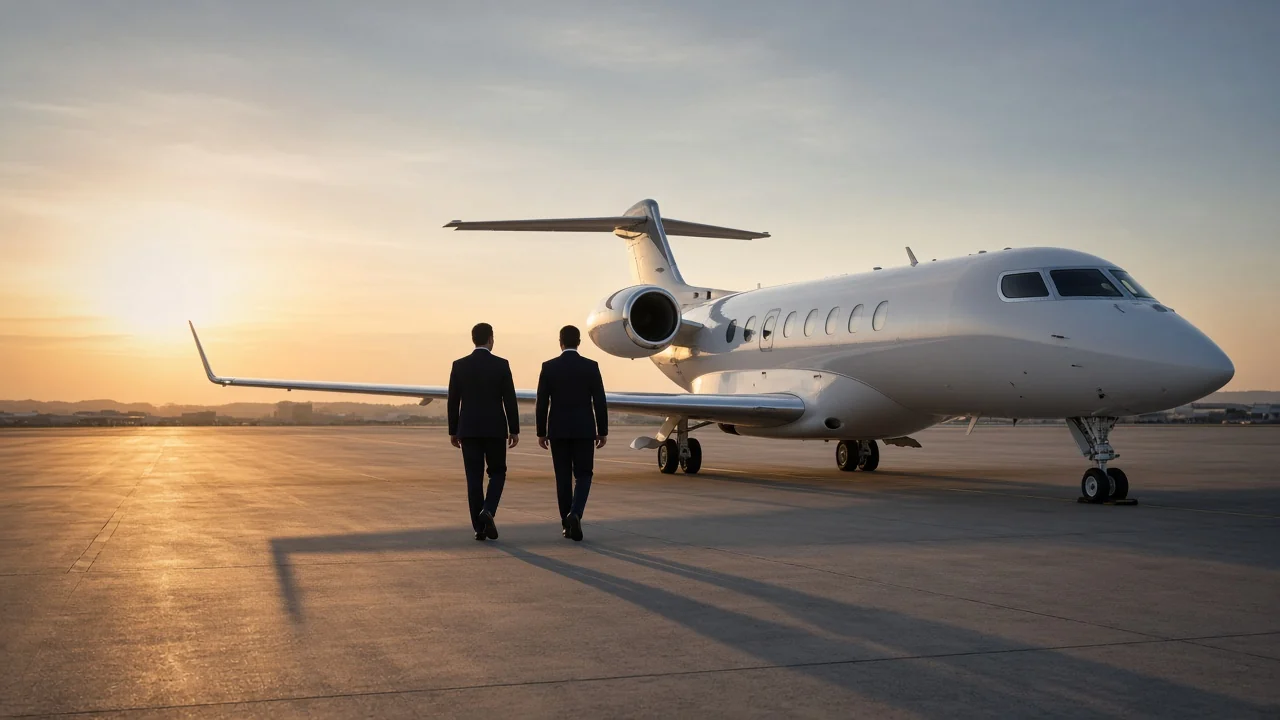 Two-person flight crew walking beside a business jet on the ramp at sunrise